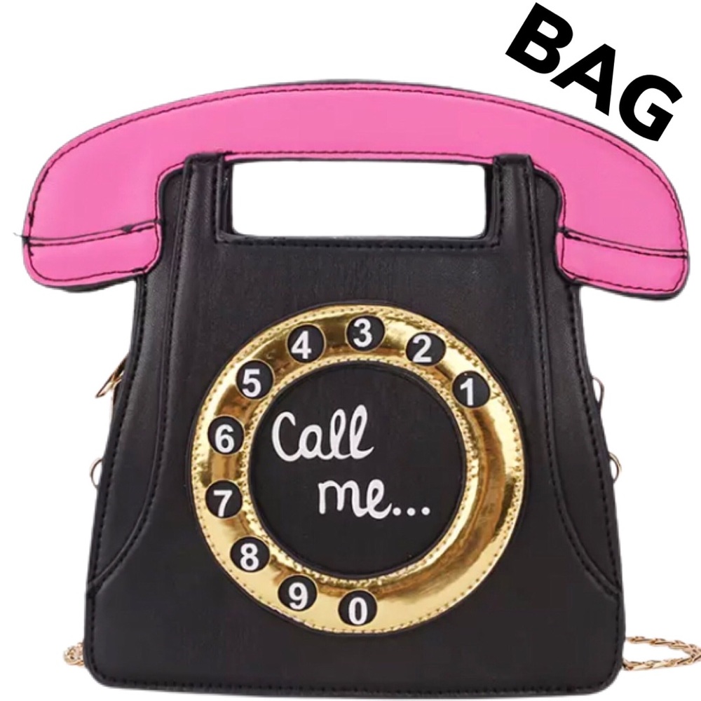 Telephone Shaped Crossbody Bag Pink, Black and Gold